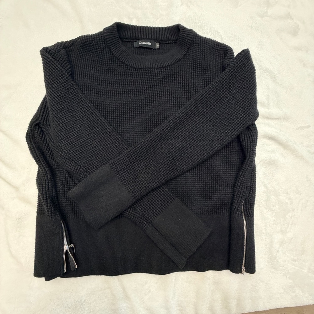Annrabess Women Black Sweater Zipper Accents L Thumbholes Waffle EUC
